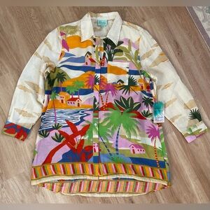New NWT True Destinations Palm Scenic Tunic Colorful Button Up Shirt Large